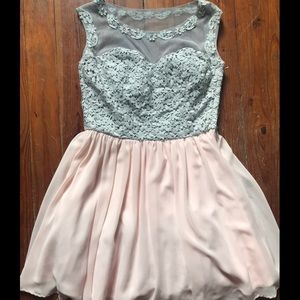 Pink and grey knee length Deb prom dress